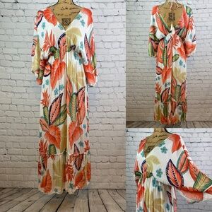 Omanga Floral Print Silver Threading Kimono Sleeve Maxi